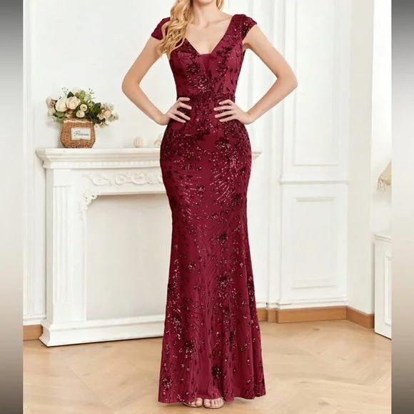 Luxe V neck sequin formal evening party dress - Picture 4 of 7